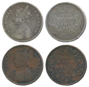 Victoria Empress, Copper ½ Anna and Silver Rupee, 1877. Fine to Fine+. (2)