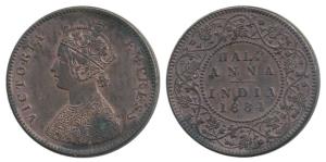 Victoria Empress, Copper ½ Anna, 1884, Bombay Mint, obv. B as Pridmore 581, rev. with flat