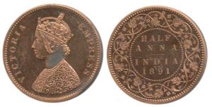 Victoria Empress, Copper ½ Anna, 1891, Bombay Mint, obv. ’B’. Proof Restrike, in Mint Stat
