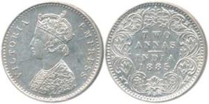 Victoria Queen, Silver 2 Annas, 1874 Bombay Mint, A / I / No mint mark. Extremely Fine.