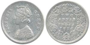 Victoria Queen, Silver 2 Annas, 1874, Bombay Mint, A / I / No mint mark. Extremely Fine.