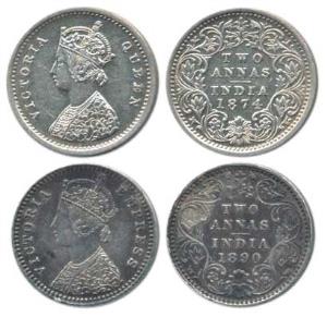Victoria Queen and Empress, Silver 2 Annas, 1874, A / I / No mint mark; 1890, B / II / B i
