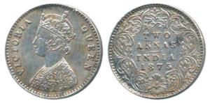 Victoria Queen, Silver 2 Annas, 1875, Calcutta Mint, A / I, No mint mark. Extremely Fine, 