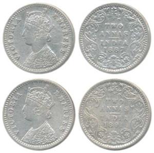 Victoria Queen and Empress, Silver 2 Annas, 1875 and 1884 Bombay Mint, A / I / No mint mar