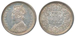 Victoria Empress, Silver 2 Annas, 1877, Bombay Mint, A / I / dot. Uncirculated, Scarce.