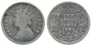 Victoria Queen, Silver 2 Annas, 1880, Calcutta Mint, B / II / C incuse. Very Fine, Very Ra