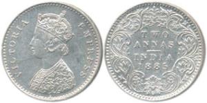 Victoria Empress, Silver 2 Annas, 1885, Bombay Mint, A / I / B raised. Uncirculated.
