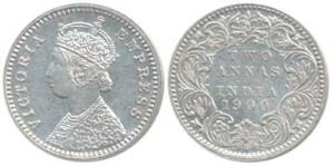 Victoria Empress, Silver 2 Annas, 1900, Bombay Mint, B / I / B raised. Uncirculated.