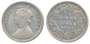 Victoria Queen, Silver ¼ Rupee, 1874, Bombay Mint, A / I / dot. About Extremely Fine, Scar