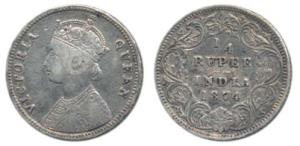 Victoria Queen, Silver ¼ Rupee, 1874, Calcutta Mint, A / I. Very Fine+.
