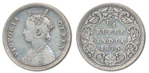 Victoria Queen, Silver ¼ Rupee, 1875, Bombay Mint, A / I. Very Fine.