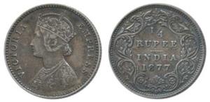 Victoria Empress, Silver ¼ Rupee, 1877, Calcutta Mint, B / I. About Extremely Fine.