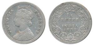 Victoria Empress, Silver ¼ Rupee, 1881, Calcutta Mint, C / II / C incuse. Very Fine+, Scar