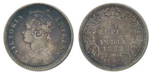 Victoria Empress, Silver ¼ Rupee, 1882, Calcutta Mint, C / II / C incuse. About Very Fine,