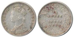 Victoria Empress, Silver ¼ Rupee, 1884, Calcutta Mint, C / II / B incuse. Very Fine+, Scar