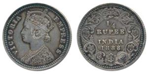 Victoria Empress, Silver ¼ Rupee, 1888, Calcutta Mint, C / II. Extremely Fine.