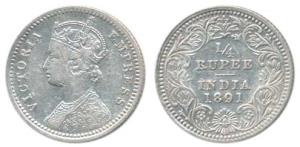 Victoria Empress, Silver ¼ Rupee, 1891, Calcutta Mint, C / II / C incuse. Very Fine+.