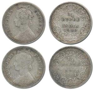 Victoria Empress, Silver ¼ Rupee (2), 1900, 1901, Calcutta Mint, C / II / C incuse. Very F