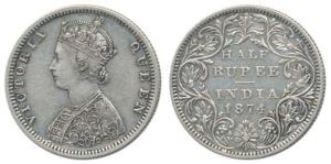 Victoria Queen, Silver ½ Rupee, 1874, Bombay Mint, B2 / II / dot. Very Fine+, Rare.