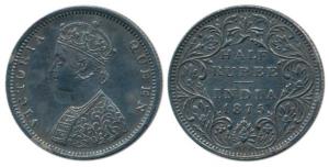 Victoria Queen, Silver ½ Rupee, 1875, Bombay Mint, B2 / II, Dot. Nice dark toning, About E