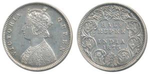 Victoria Queen, Silver ½ Rupee, 1875, Calcutta Mint, A / I / No mint mark. Extremely Fine,