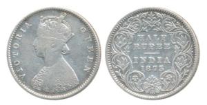 Victoria Queen, Silver ½ Rupee, 1875, Calcutta Mint, A / I, No mint mark. Fine+, Scarce.