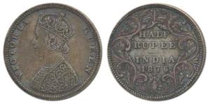 Victoria Queen, Silver ½ Rupee, 1876, Bombay Mint, B2 / II / dot. Very Fine+, Rare.