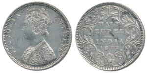 Victoria Empress, Silver ½ Rupee, 1877, Bombay Mint, B2 / II / dot. About Extremely Fine, 