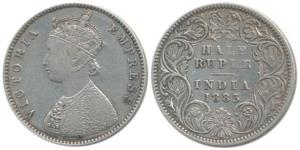 Victoria Empress, Silver ½ Rupee, 1883, Calcutta Mint, A / I / C incuse. Very Fine+, Extre