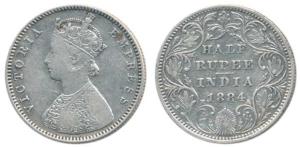 Victoria Empress, Silver ½ Rupee, 1884, Bombay Mint, A / II / dot. Very Fine, Rare.