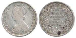 Victoria Empress, Silver ½ Rupee, 1884, Calcutta Mint, A / I / C incuse. About Very Fine, 
