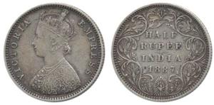 Victoria Empress, Silver ½ Rupee, 1887, Bombay Mint, A / II / B raised. Very Fine, Rare.