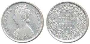 Victoria Empress, Silver ½ Rupee, 1888, Calcutta Mint, A / I / C incuse. About Very Fine, 