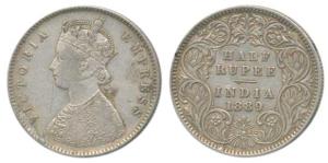 Victoria Empress, Silver ½ Rupee, 1889, Calcutta Mint, A / I / C incuse. About Very Fine, 