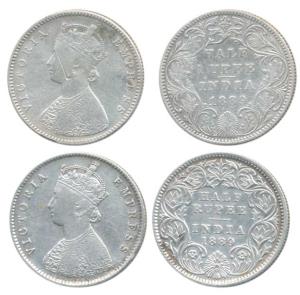 Victoria Empress, Silver ½ Rupee (2), 1889, Bombay Mint, A / II / B raised; Calcutta Mint,