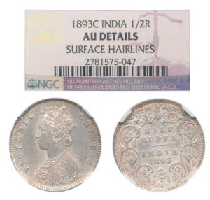 Victoria Empress, Silver ½ Rupee, 1893, Calcutta Mint, A / I / C incuse. Slabbed in NGC ho
