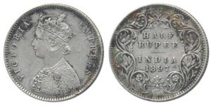 Victoria Empress, Silver ½ Rupee, 1897, Bombay Mint, A / I / B incuse. Very Fine, Scarce.