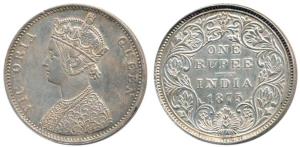 Victoria Queen, Silver Rupee, 1875, Bombay Mint, A2 / II / Dot. About Uncirculated.