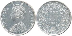 Victoria Empress, Silver Rupee, 1880, Bombay Mint, A3 / IV Dot. About Uncirculated.