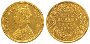 Victoria Queen, Gold Rupees 5, Calcutta Mint, 1870, CM in Jabbot (KM 478). Ex (the mount r