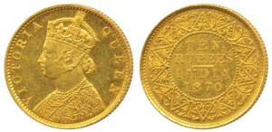 Victoria Queen, Gold Rupees 10 (original strike), 1870 (KM 479). Extremely Fine, Very Rare