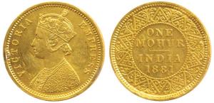 Victoria Queen, Gold Mohur, 1881, V in Jabot (Prid 6). Ex-mount, Fine+, Rare.