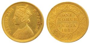 Victoria Empress, Gold Mohur, Calcutta Mint, 1882, V in Jabbot. (KM Y26). Extremely Fine, 