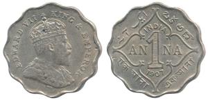 Edward VII, Cupro-Nickel Anna, 1907. Extremely Fine, Rare in this grade.
