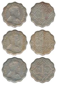 Edward VII, Cupro-Nickel Anna, 1908, 1909 and 1910. About Extremely Fine, Rare inn this gr