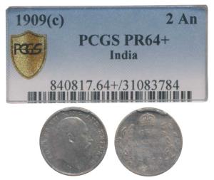 Edward VII, Original Proof Silver 2 Annas, 1909. Slabbed and graded by NGC PR64+.