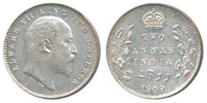 Edward VII, Silver 2 Annas, 1909. Brilliant Uncirculated, Extremely Rare especially in thi
