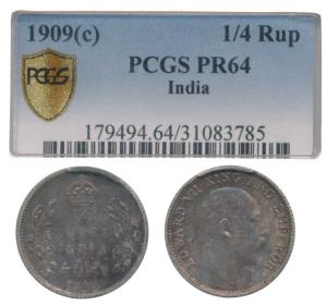 Edward VII, Original Proof Silver ¼ Rupee, 1909. Slabbed and graded by NGC PR64.