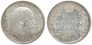 Edward VII, Silver ½ Rupee, 1907, Bombay Mint, B incuse and dot. Extremely Fine, Rare.