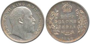 Edward VII, Silver ½ Rupee, 1907, Bombay Mint, B incuse and dot. About Uncirculated. Rare.